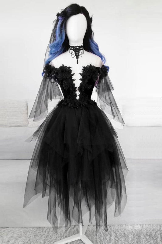 VESTIDO DE FIESTA CORTO DE TUL CON CUELLO REDONDO Y ENCAJE NEGRO VESTIDO DE NOCHE NEGRO S14739