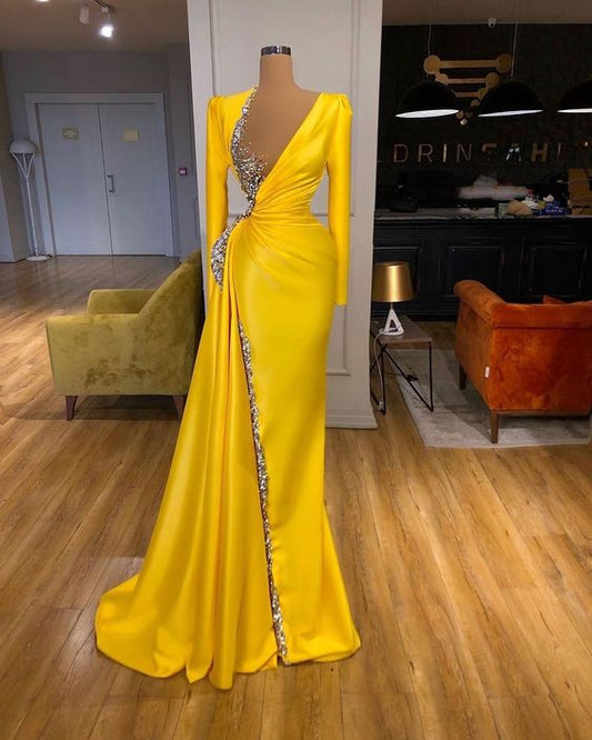 yellow evening dress long sleeve evening dress formal wear beaded evening dress S23450