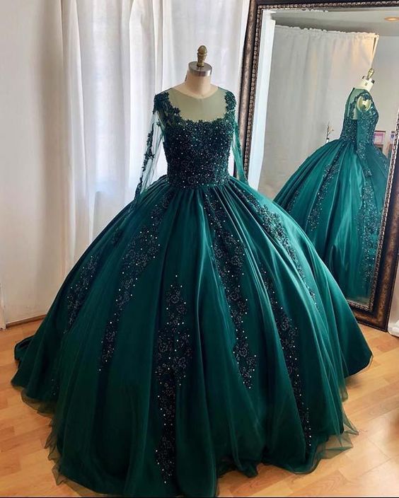 Hunter Green Ball Gown Prom Dresses Long sleeves S15614