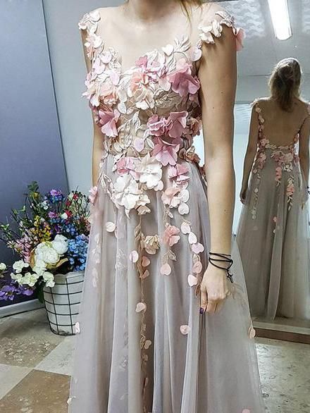 Vestido de fiesta elegante con escote en A y flores, largo hasta el suelo, con apliques, S15604