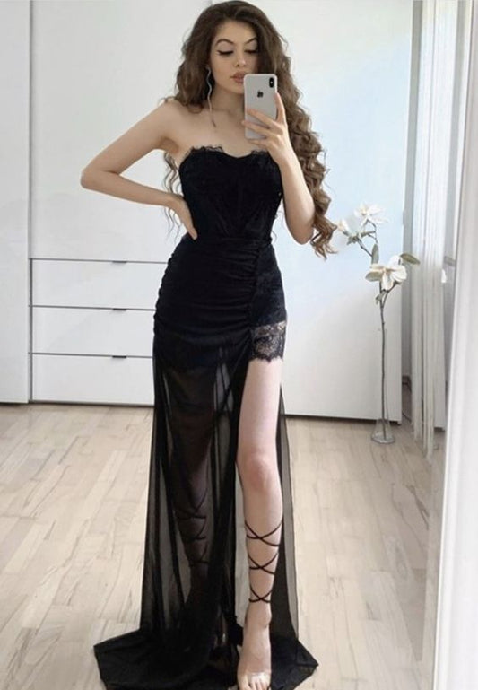 Schwarzes langes Ballkleid aus Spitze, schwarzes Abendkleid S15437