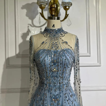 2025 Arabic A-Line Blue Lace Beaded Luxury Evening Gowns for Women's Party Dubai LA72704