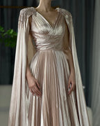 Rose Gold Beaded Satin A-Line Evening Dress Gown with Cape Sleeves LA72663