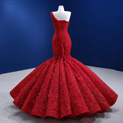 Vestidos de noche rojos de lujo con un solo hombro, lentejuelas y cuentas, sirena, elegantes vestidos de novia para fiesta, HM67447 