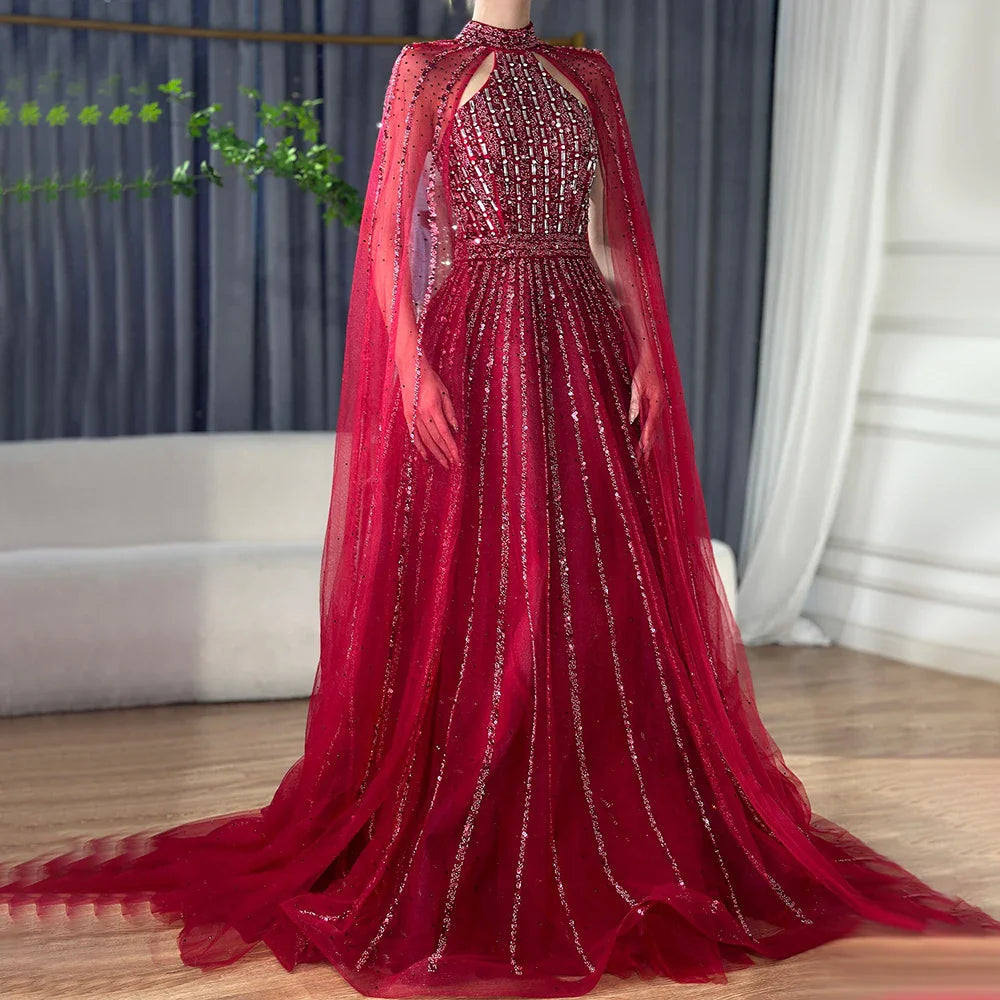 Arabisch Türkis EINE Linie Cape Ärmel Perlen Luxus Dubai Abendkleider Kleider Für Frauen Hochzeit Party 2025 LA72306A 