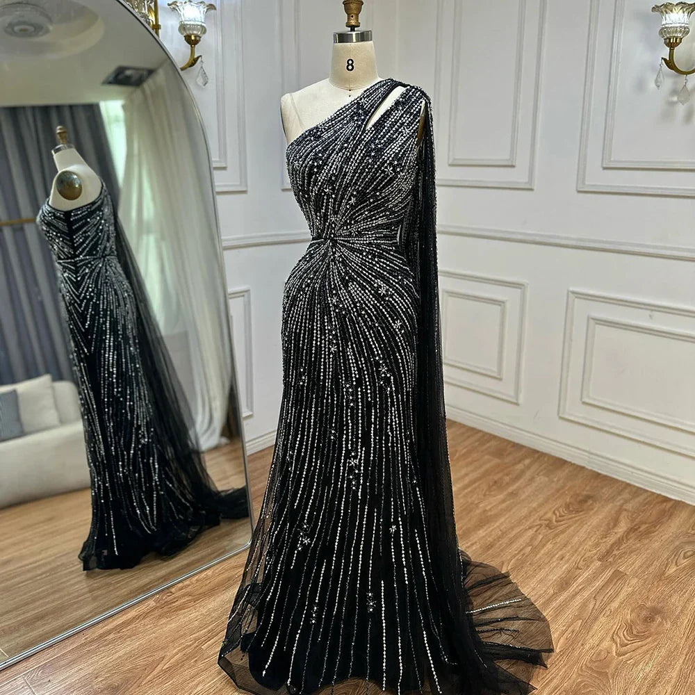 2025 Saudi Black High Split Mermaid One Shoulder Beaded Evening Dresses Gowns for Formal Occasion LA72829