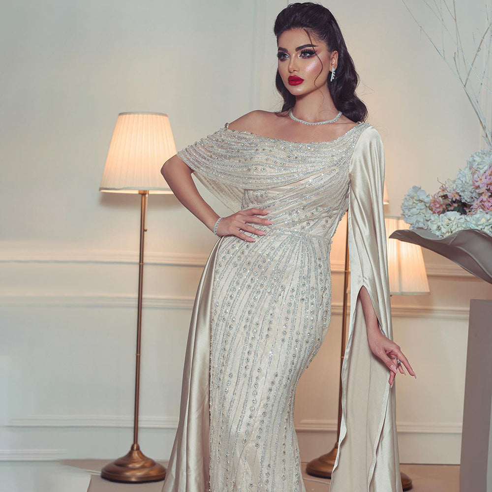 Vestido de noche elegante de sirena con un hombro al descubierto y mangas estilo capa en beige, 2025, con cuentas, de lujo, para mujer, fiesta, LA71694 