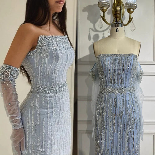 Vestido de noche de lujo estilo sirena azul árabe 2025, sin tirantes, con guantes y cuentas, para boda de mujer LA71950 