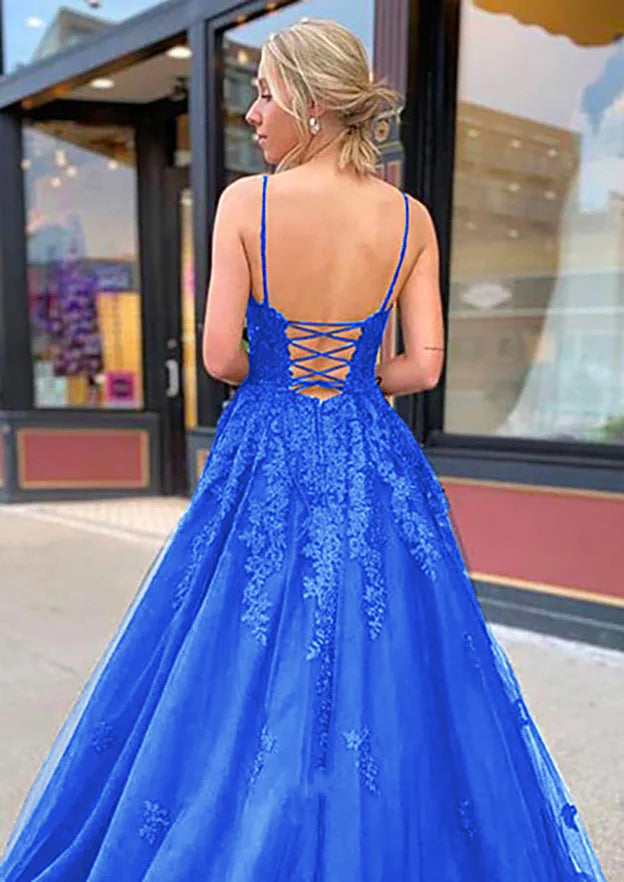 2025 Arabic Blue A-Line Spaghetti Straps Tulle Prom Dress with Appliqués for Women's Party LA72678