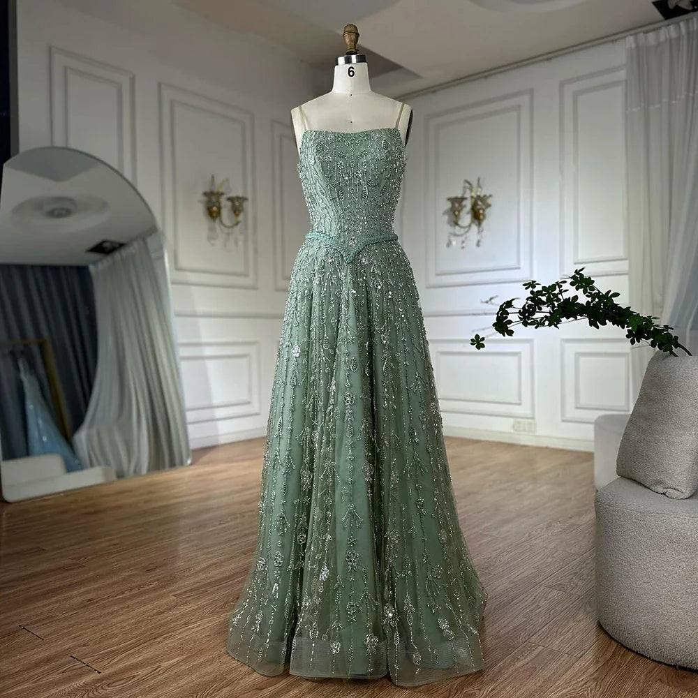Salbeigrünes A-Linien-Abendkleid mit Spaghettiträgern und Perlenbesatz LA72805 