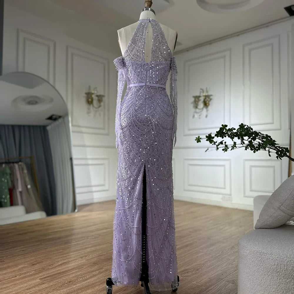 Vestidos de noche de lujo de Dubái Arabia 2025 para mujer, corte sirena color piel con guantes para bodas LA72032A 