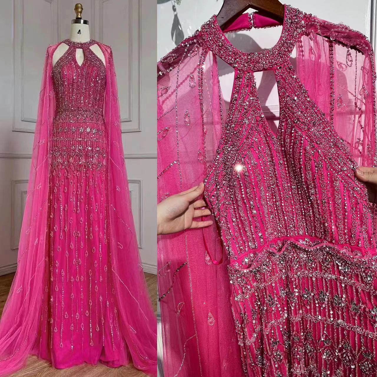 Luxuriöses Dubai Meerjungfrau-Abendkleid in Fuchsia mit Cape-Ärmeln LA71817