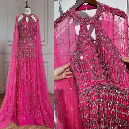 Luxuriöses Dubai Meerjungfrau-Abendkleid in Fuchsia mit Cape-Ärmeln LA71817