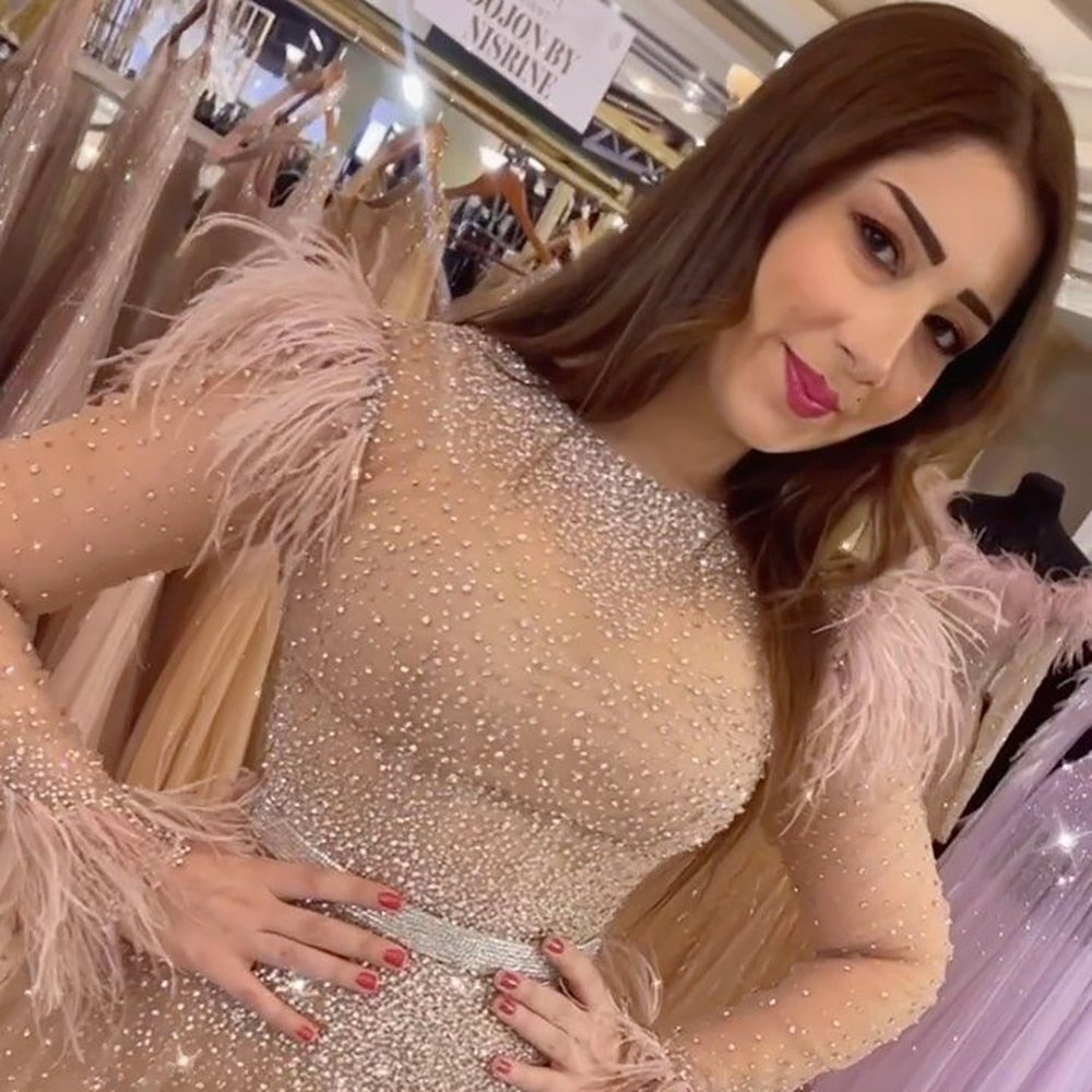 Rosa A-Linie O-Ausschnitt Sexy Federn Lange Ärmel Perlen Luxus Arabisch Partykleider Formale Frauen Abend 2025 LA71783 