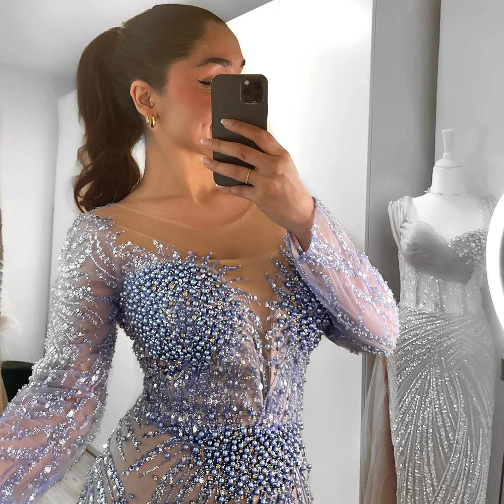Blue Elegant Mermaid Dubai Arabia Luxury Beaded Pearls Evening Dresses Gowns 2025 For Women Wedding Party LA72264