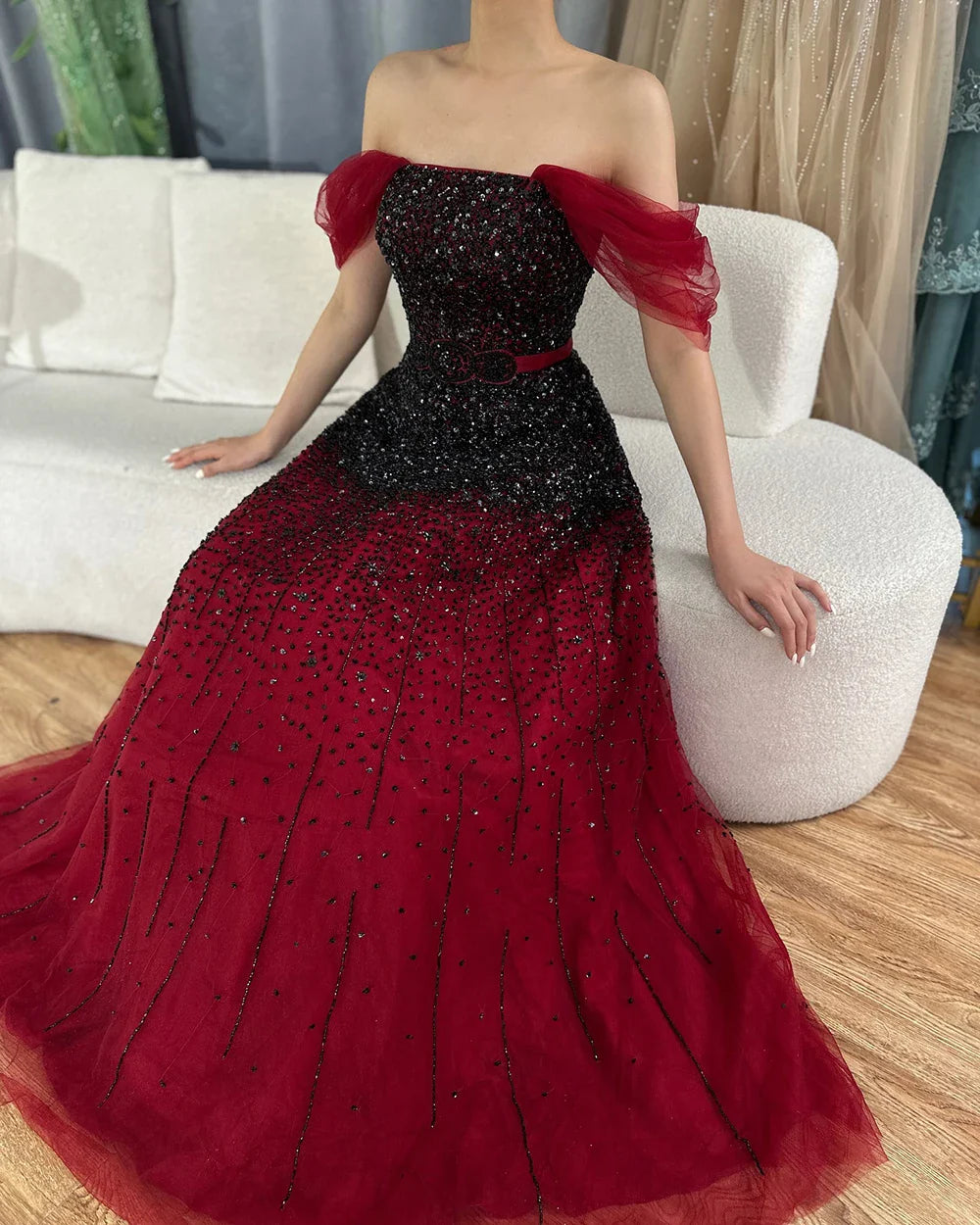 Vestidos de noche color vino tinto con cambio gradual, 2025, con cuentas brillantes, corte A, de lujo, para mujer, fiesta, LA71329 
