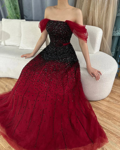 Vestidos de noche color vino tinto con cambio gradual, 2025, con cuentas brillantes, corte A, de lujo, para mujer, fiesta, LA71329 