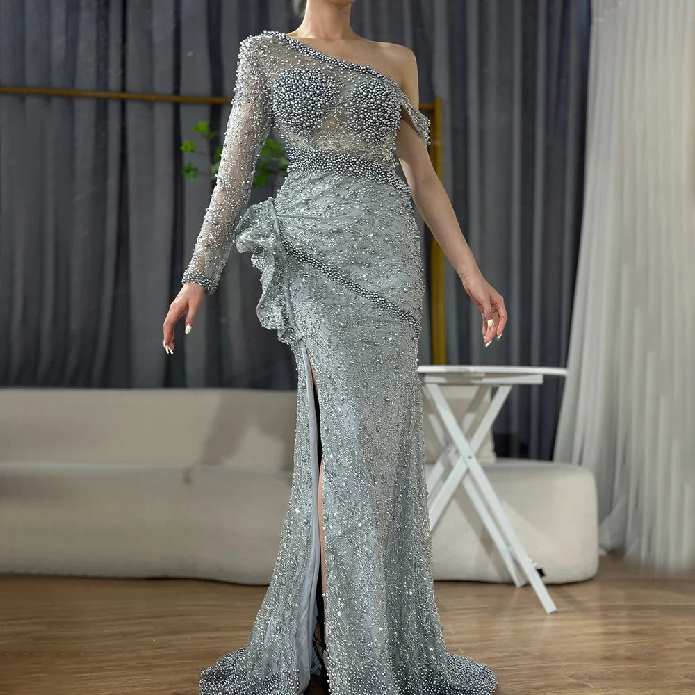 Zum Verkauf, keine Rückgabe, keine Rückerstattung, graue One-Shoulder-Luxus-Abendkleider 2025, Perlen, Meerjungfrau, elegant für Frauen, Party LA71622 