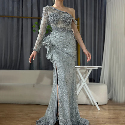 En oferta, sin devolución ni reembolso, vestido de noche gris de lujo con un solo hombro, vestido de sirena con cuentas 2025, elegante para mujer, fiesta LA71622 