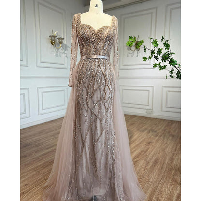 Vestido de noche elegante árabe con cuentas y perlas de lujo de sirena azul para mujer, fiesta de bodas LA71861 