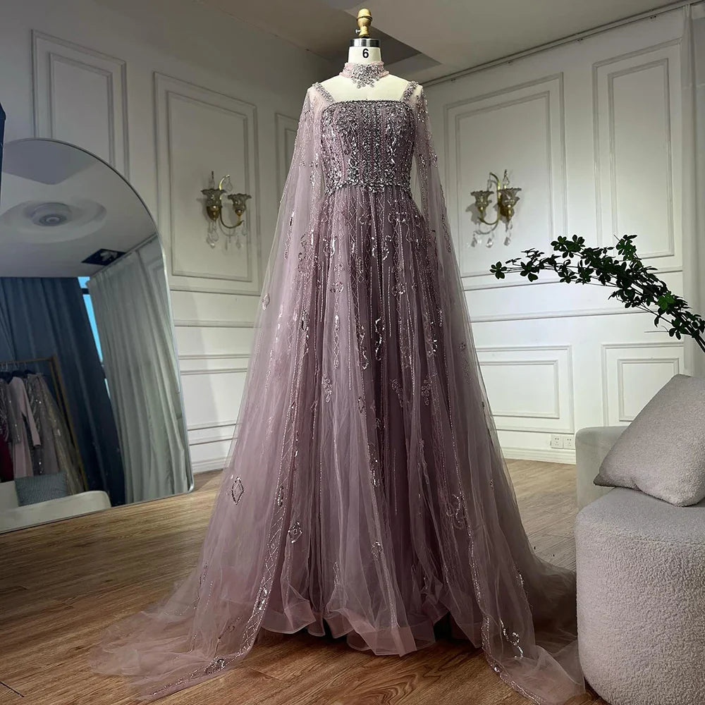 2025 Arabic Nude A Line Cape Sleeve Crystal Beaded Luxury Saudi Evening Dresses Gowns For Formal Occasion LA72764