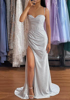 2025 Arabic Silver Elegant Mermaid Spaghetti Straps Glitter Prom Dress with Pleated Split for Women's Party LA72685