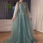 Arabisch Türkis EINE Linie Cape Ärmel Perlen Luxus Dubai Abendkleider Kleider Für Frauen Hochzeit Party 2025 LA72306A 
