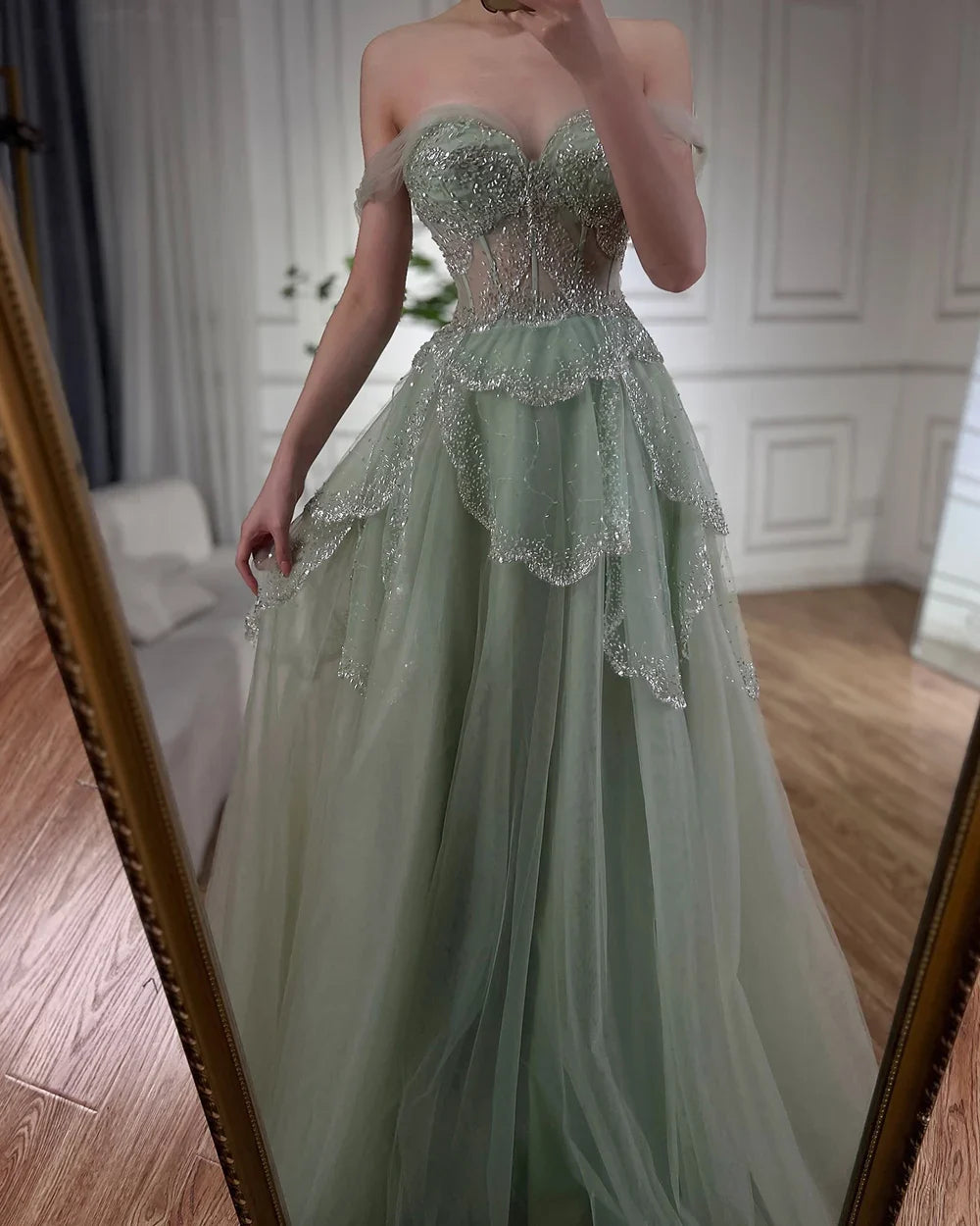 Arabisches Salbeigrünes A-Linien-Abendkleid mit eleganter Schulterpartie und luxuriösen Perlen für Damen, Hochzeitsfeier 2025 LA72605 