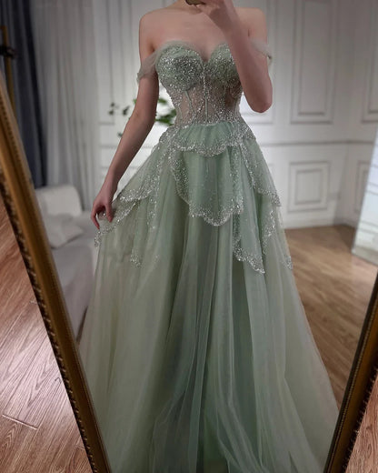 Arabisches Salbeigrünes A-Linien-Abendkleid mit eleganter Schulterpartie und luxuriösen Perlen für Damen, Hochzeitsfeier 2025 LA72605 