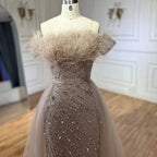 2025 Saudi Arabic Beaded Caramel Mermaid Elegant Evening Dresses Gowns with Overskirt for Formal Occasion LA71634A