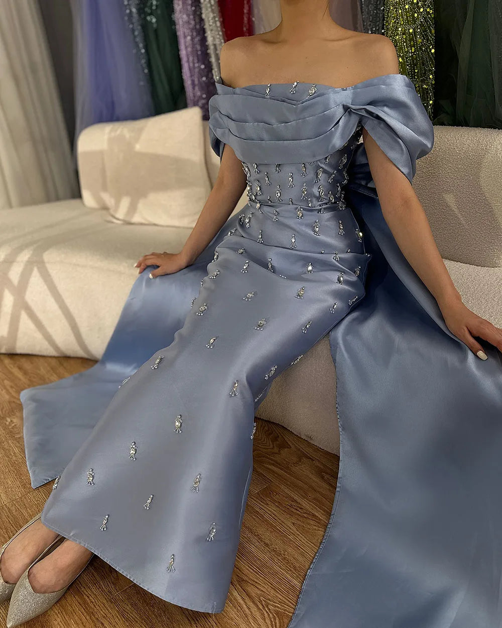 2025 Arabic Blue Beaded Crystal Ankle-Length Mermaid Satin Evening Dresses Gowns for Women Wedding Party LA72414A