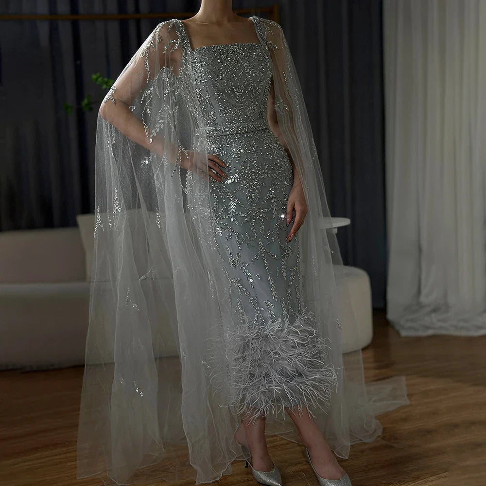 Lilafarbenes, knöchellanges, luxus Abendkleid mit Perlen und Cape im Meerjungfrauen-Stil LA71841 