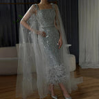 Lilafarbenes, knöchellanges, luxus Abendkleid mit Perlen und Cape im Meerjungfrauen-Stil LA71841 