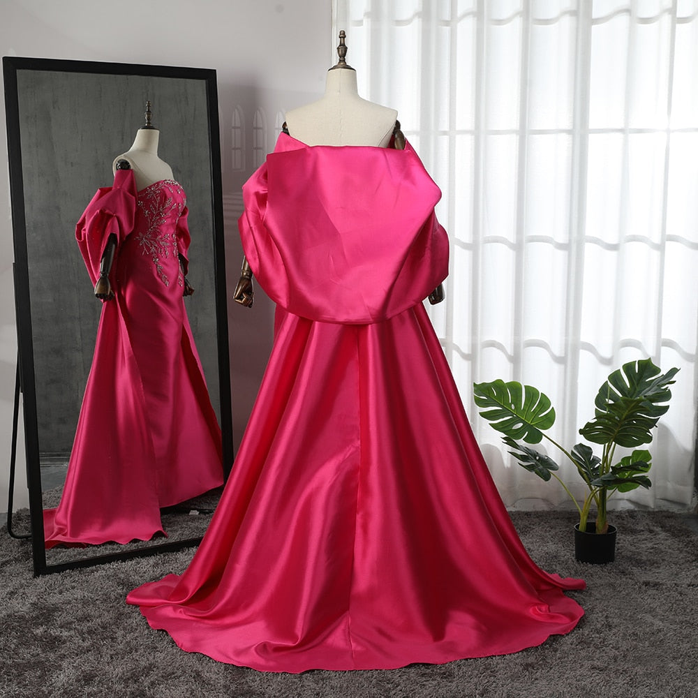 Vestido de noche árabe fucsia de satén con escote sirena, sin tirantes y chaqueta con cuentas, para mujer, boda, fiesta, LA71896 