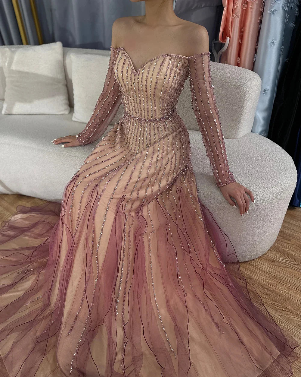 2025 Arabic Purple Elegant A-Line Beaded Long Evening Dresses Gowns for Formal Occasion LA72752