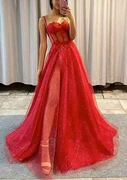2025 Arabic Black A-Line Sweetheart Spaghetti Straps Tulle Glitter Prom Dress with Appliqué for Women's Party LA72689