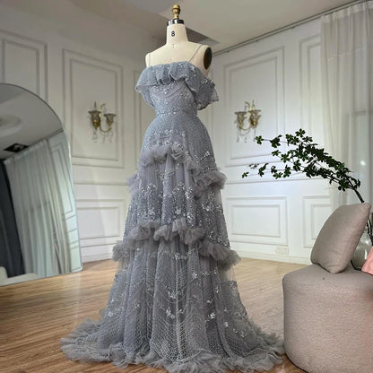 Luxuriöses schulterfreies Dubai-Abendkleid in Silbergrau LA72762
