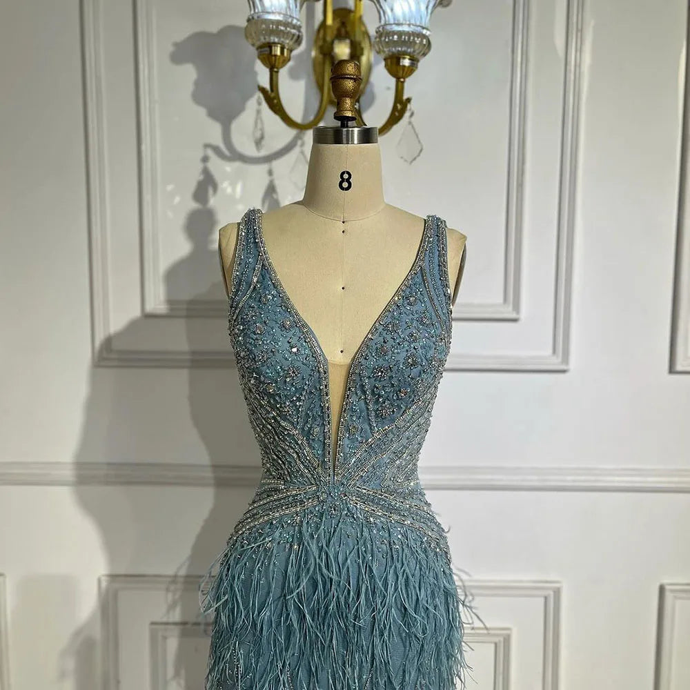 Vestido de noche dorado sexy de sirena con abertura alta, sin espalda, de lujo, con cuentas y plumas, 2025, para mujer, fiesta LA71583 