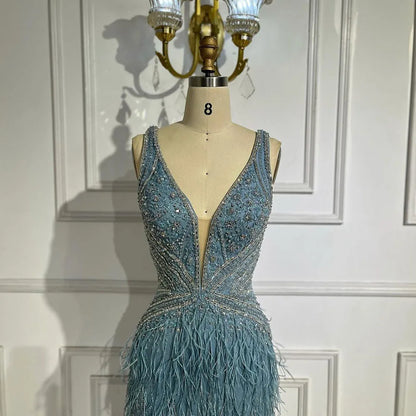 Vestido de noche dorado sexy de sirena con abertura alta, sin espalda, de lujo, con cuentas y plumas, 2025, para mujer, fiesta LA71583 