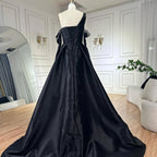2025 Black One Shoulder Satin A Line Beaded Evening Gown with Sleevelets for Women's Party Saudi Dress LA72741