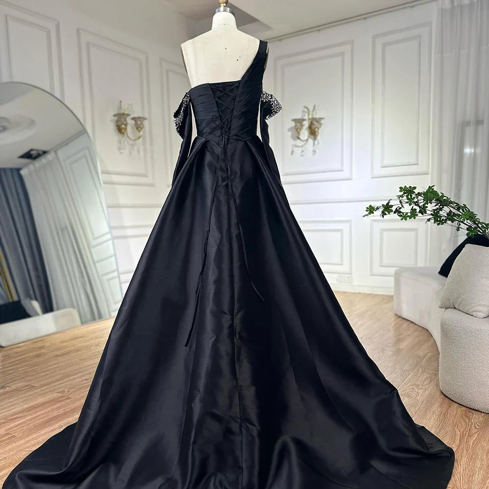 2025 Black One Shoulder Satin A Line Beaded Evening Gown with Sleevelets for Women's Party Saudi Dress LA72741