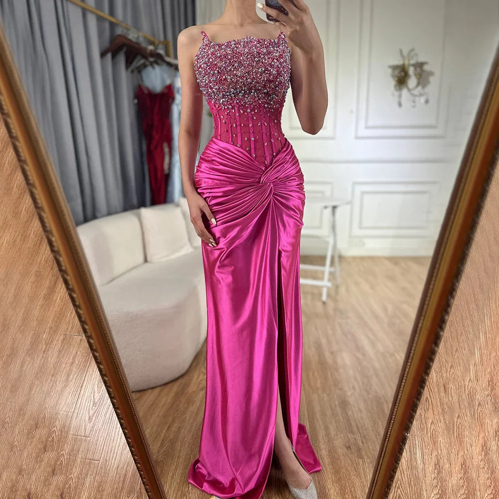 2025 Arabic Fuchsia Strapless Side Split Beaded Mermaid Luxury Dubai Evening Gown for Women's Party LA72671