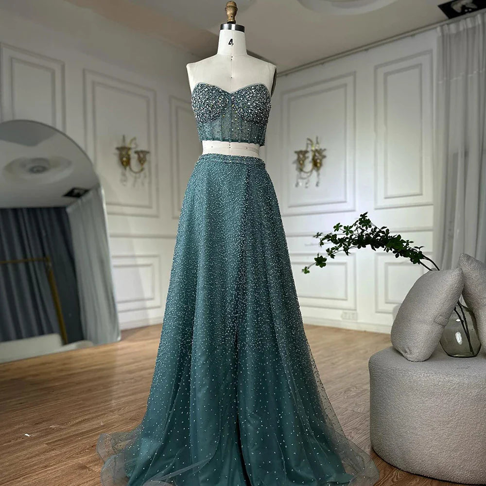 Vestido de noche turquesa saudí de dos piezas, sin tirantes y con abertura alta, para ocasiones formales (2025, LA72786) 