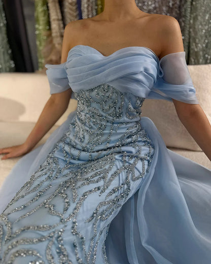 Elegante vestido de noche árabe de sirena con cuentas blancas y sobrefalda, de lujo, estilo Dubái, para mujer, para fiesta, 2025, LA72398 