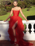 Vestido de fiesta rojo sexy con abertura alta y sin tirantes, vestido de noche rojo S5423
