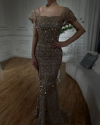 Arabic White Luxury Dubai Mermaid Evening Dress with Cap Sleeves LA72714