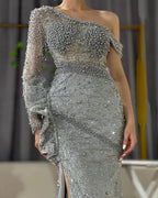 Zum Verkauf, keine Rückgabe, keine Rückerstattung, graue One-Shoulder-Luxus-Abendkleider 2025, Perlen, Meerjungfrau, elegant für Frauen, Party LA71622 