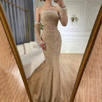 2025 Elegant White Nude Arabic Strapless Evening Gown Beaded Dress with Gloves for Formal Occasion LA72649