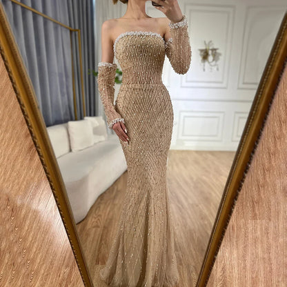 2025 Elegant White Nude Arabic Strapless Evening Gown Beaded Dress with Gloves for Formal Occasion LA72649