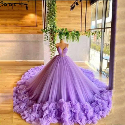 Lila Puffy Blumen Luxus Ärmellose Brautkleider 2025 Spaghetti Strap Sexy Tüll Brautkleid HA2487 